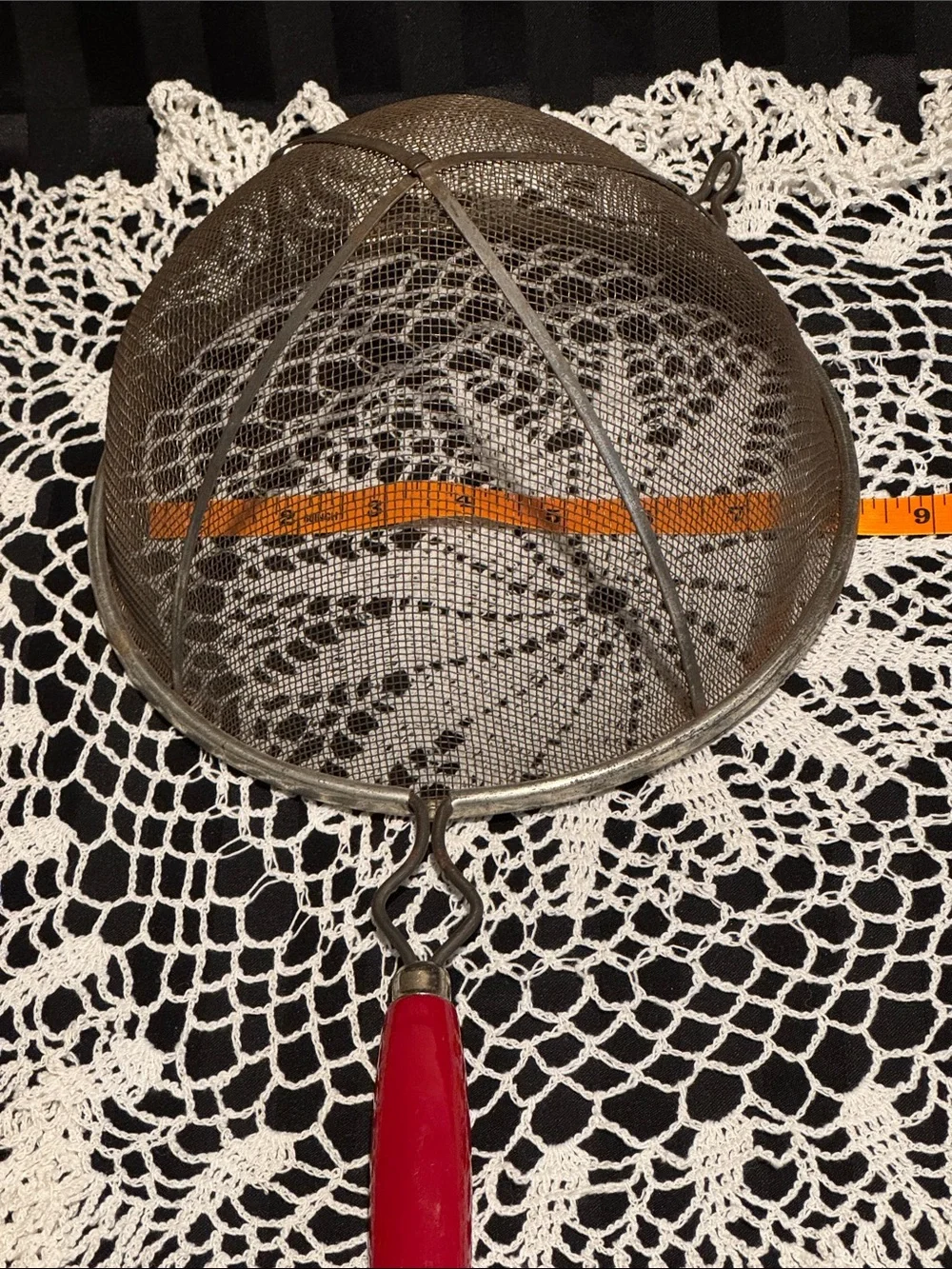 Vintage Round Strainer with Red Wooden Handle